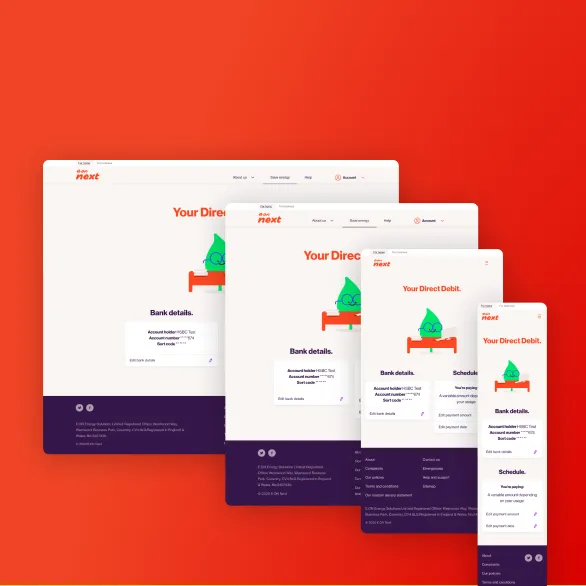 Screenshots of a banking website for setting up direct debit, shown on desktop, laptop, tablet, and smartphone screens with a red background.