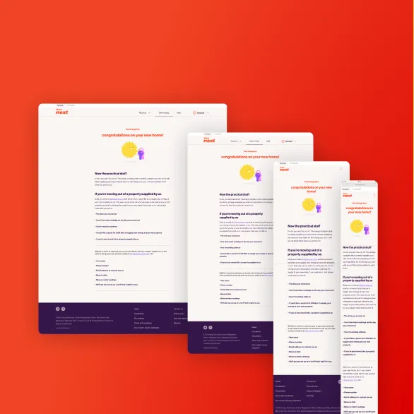 Four overlapping screenshots of a website page titled 'congratulations on your new home!' from a company named Next, showing practical information and guidance for new homeowners on a white background with orange and purple design elements, displayed in different responsive layouts from large desktop to small mobile view on an orange-red gradient background.
