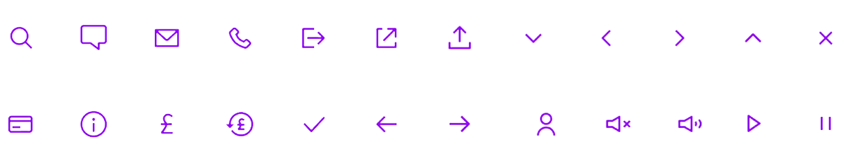 Row of purple outline icons including search magnifying glass, chat bubble, envelope, phone receiver, logout arrow, external link, upload arrow, down arrow, left and right arrows, up arrow, close X, credit card, information circle, British pound sign, pound sign crossed out, checkmark, left and right arrows, user silhouette, volume off, volume on, play button, and pause button.