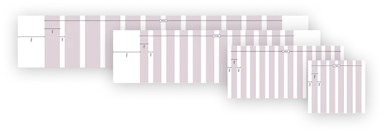 Five overlapping browser window mockups showing a vertical grid layout with alternating light and pinkish vertical columns and small label text.