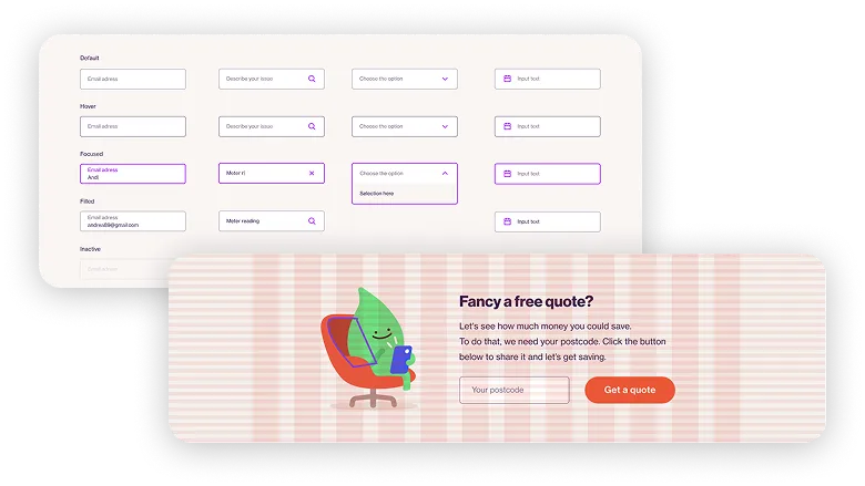 User interface elements showing various text input states: default, hover, focused with text and icons, filled, and inactive, alongside a UI banner with a green leaf character sitting on a red chair holding a tablet, invitation text for a free quote, a postcode input box, and an orange 'Get a quote' button.