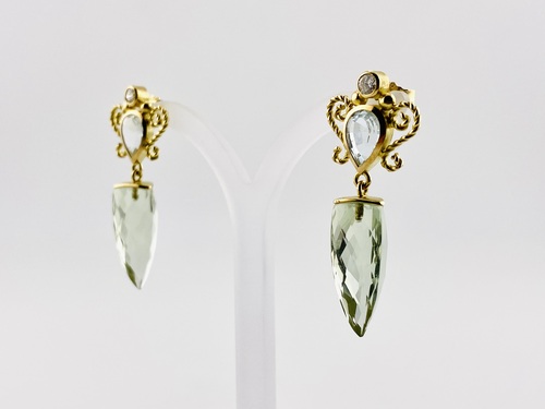 750/- Gelbgold Ohrhängert mit Brillant + Prasiolith