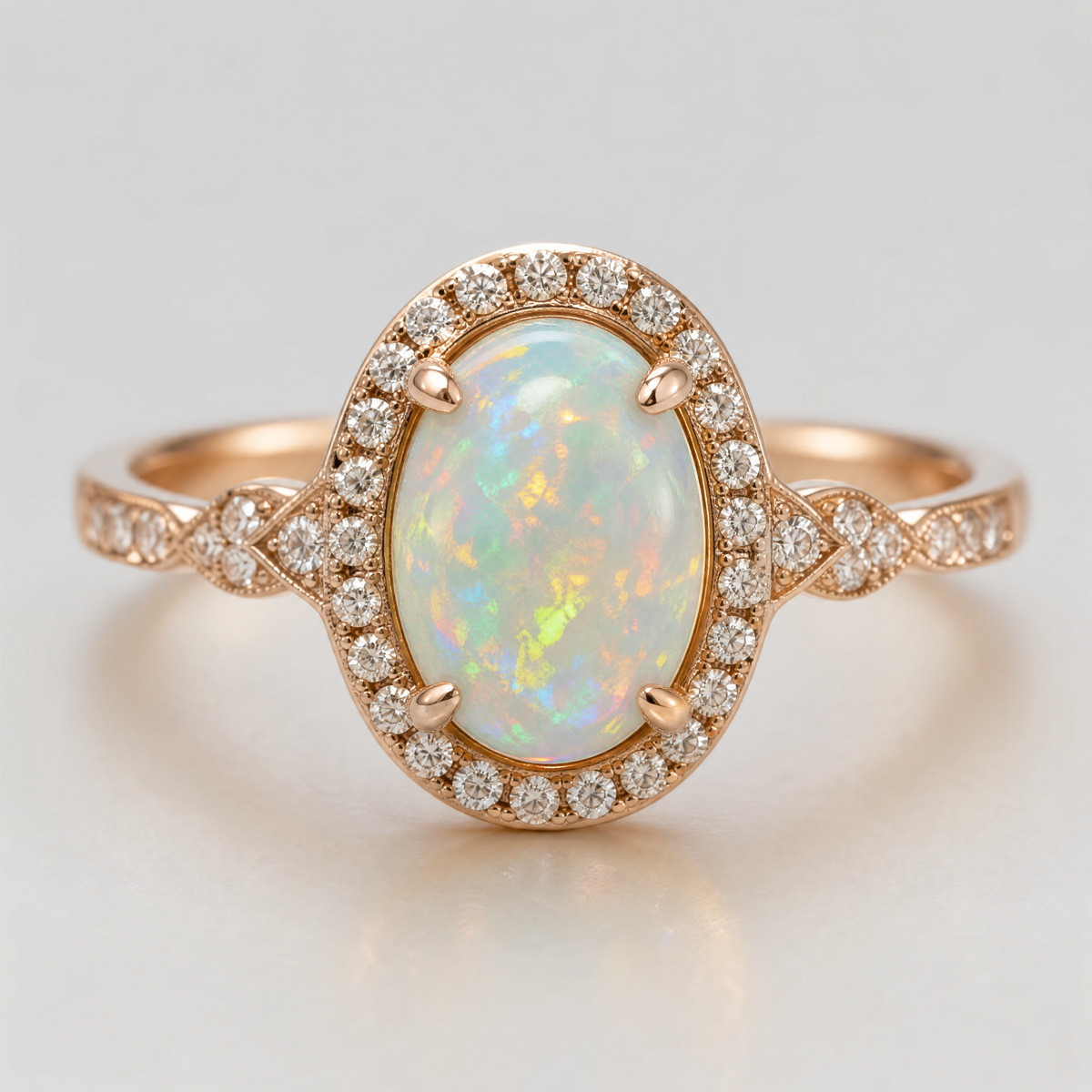 Verlobungsring mit ovalem Opal in Roségold-Fassung und Diamant-Halo