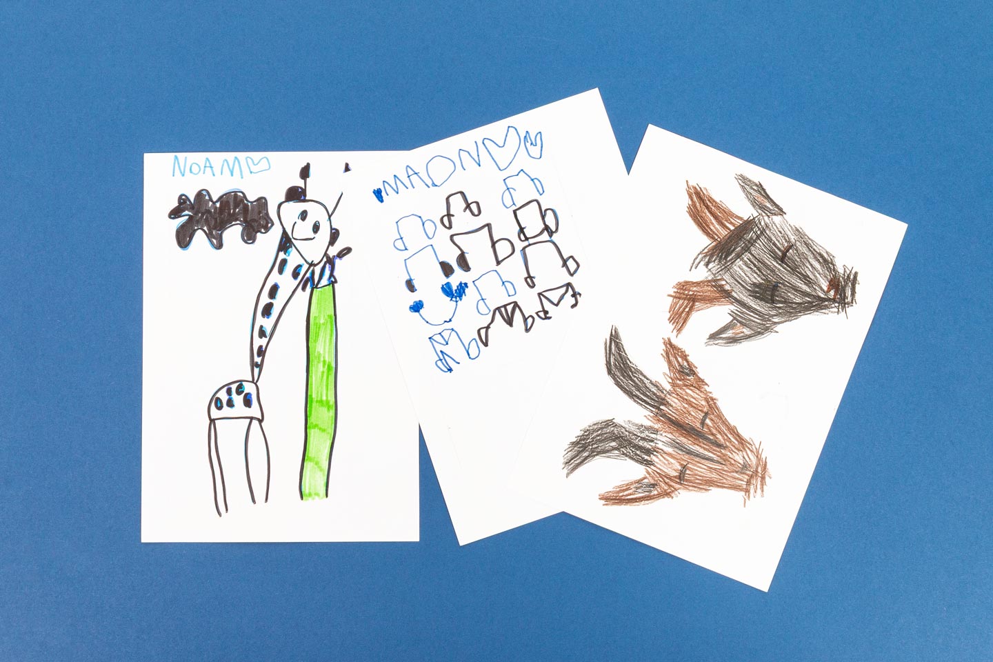 Auf einem blauen Hintergrund sind drei Kinderzeichnungen zu sehen: eine Giraffe, ein abstraktes Muster und ein Tier, das mit braunem und schwarzem Wachsmalstift gezeichnet wurde.