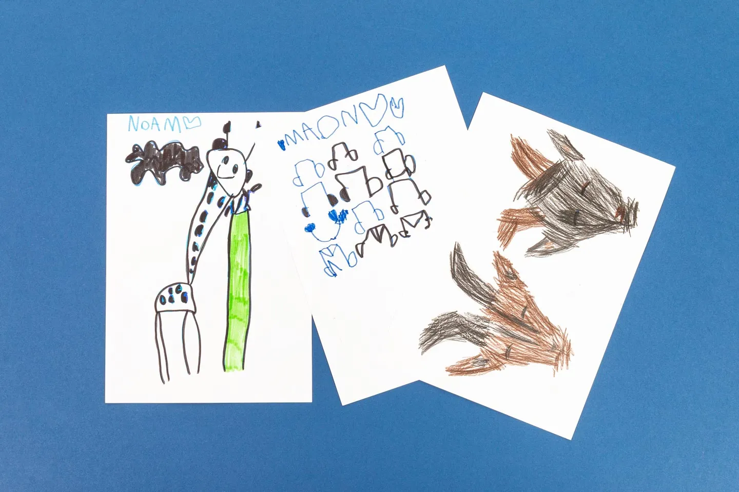 Auf einem blauen Hintergrund sind drei Kinderzeichnungen zu sehen: eine Giraffe, ein abstraktes Muster und ein Tier, das mit braunem und schwarzem Wachsmalstift gezeichnet wurde.