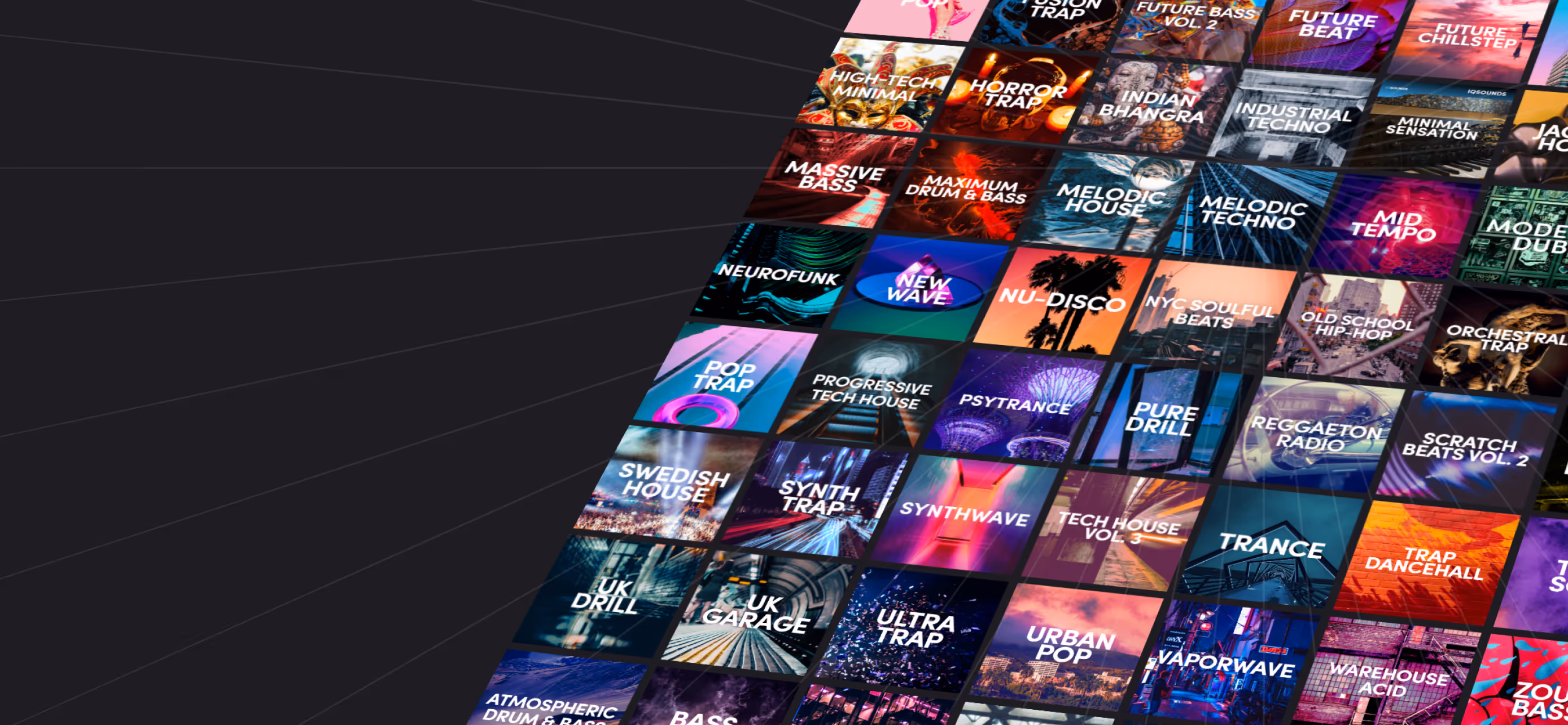An array of tilted music pack cover tiles from the Remixlive app showcasing a diverse music collection, with genres like Swedish House, Future Bass, and Urban Pop, each tile adorned with vivid graphics and text indicative of the music style within.