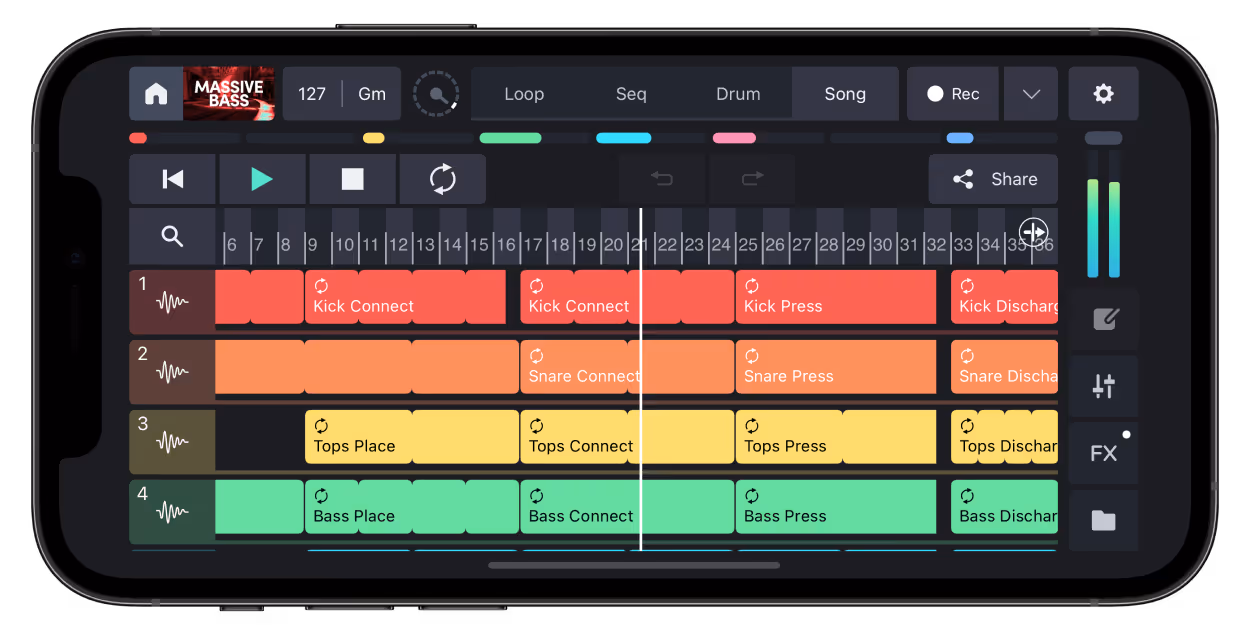 A detailed view of the music app Remixlive's timeline interface on a smartphone, featuring colorful blocks representing kicks, snares, tops, and bass across a grid. Playback controls and a volume meter are visible, emphasizing a user-friendly layout for music creation.