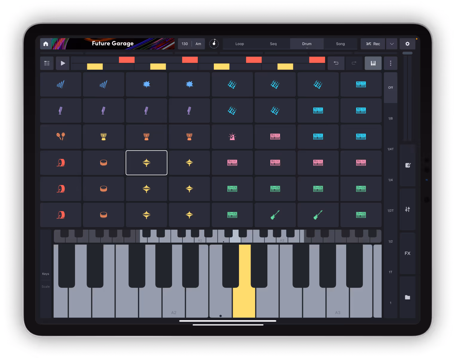 An iPad displaying the Remixlive app's drum grid, with symbols and colors denoting a range of instrument samples. The vibrant layout includes a virtual keyboard, providing an interactive experience for composing and arranging music.