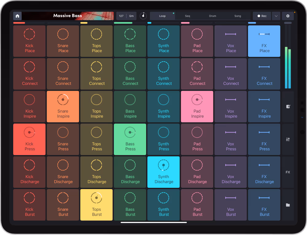 iPad screen showing Remixlive’s loop grid interface with an array of colorful sample pads labeled for various elements like Kick, Snare, Bass, Synth, and FX, each with a unique color coding. This is set against the 'Massive Bass' pack at 127 BPM in the key of G minor, illustrating the app's versatility for creating music beats.