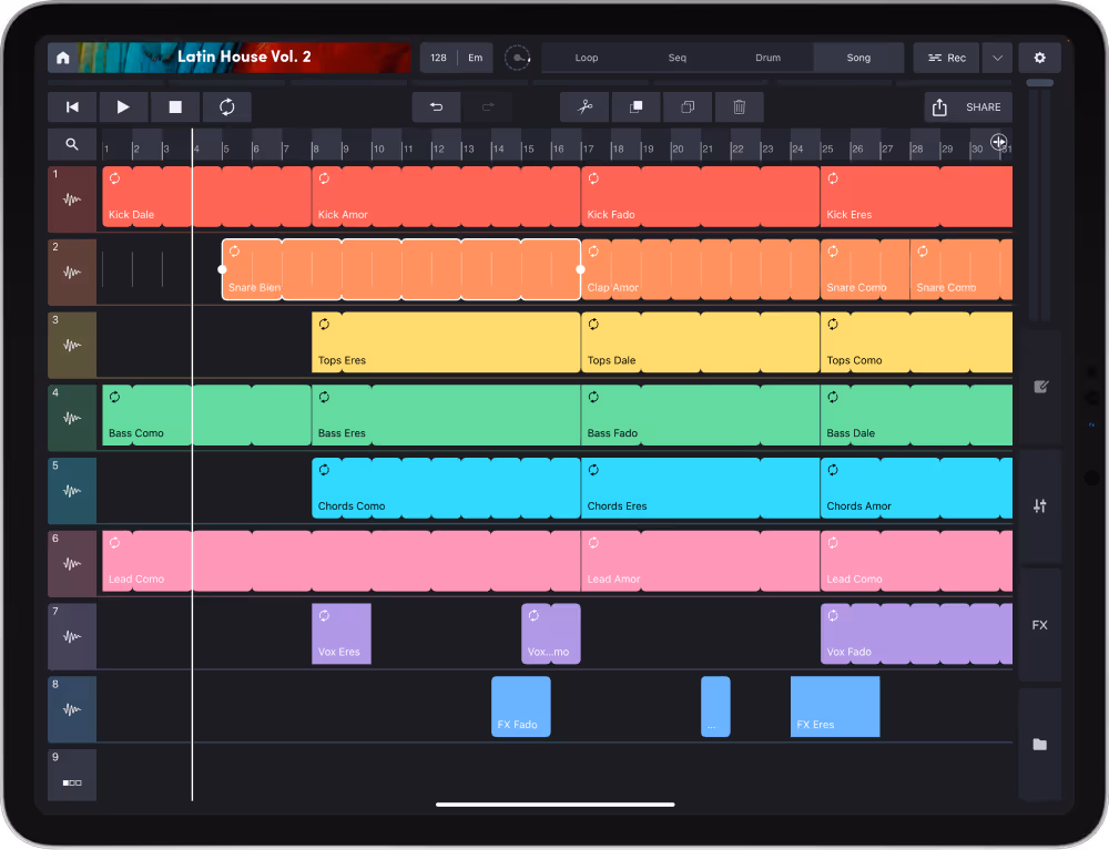 An iPad displaying Remixlive's song mode timeline with 'Latin House Vol. 2' pack. The screen is segmented into colorful rows for different instruments, with labels like Kick, Snare, Bass, and Chords, each with designated sample blocks that map out the structure of the track.