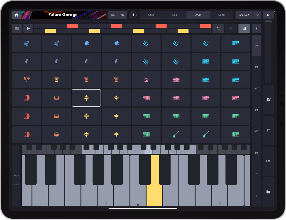 An iPad displaying the Remixlive app's drum grid, with symbols and colors denoting a range of instrument samples. The vibrant layout includes a virtual keyboard, providing an interactive experience for composing and arranging music.