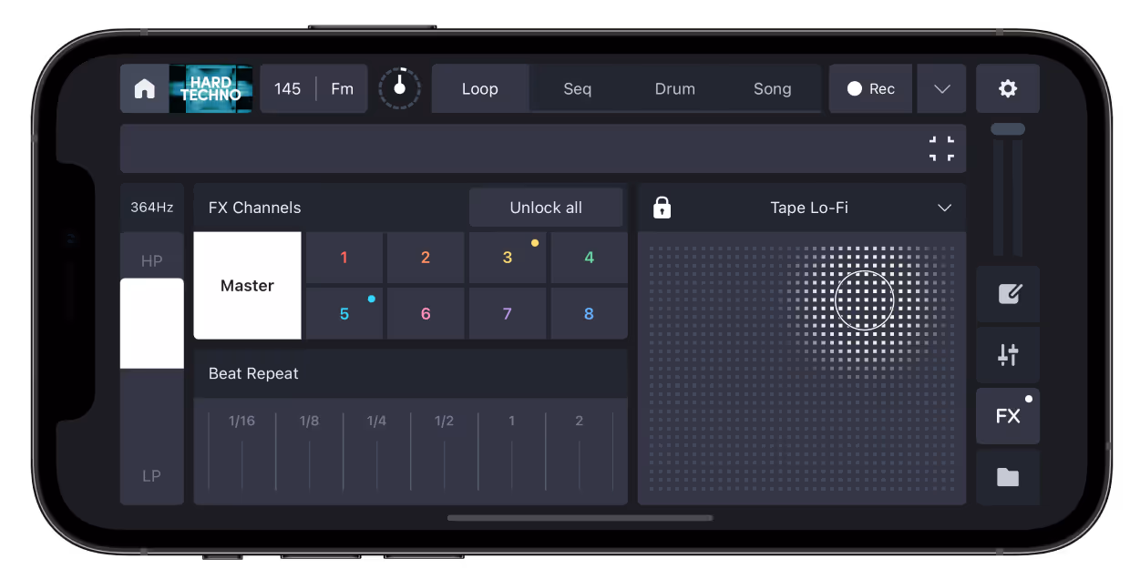 The FX view of the Remixlive app displayed on an iPhone. It shows high-pass and low-pass filters, eight FX channels for sound manipulation, a beat repeat section, and a master control area, with a detailed XY pad for 'Tape Lo-Fi' effects on the right, all contributing to a comprehensive sound design interface.