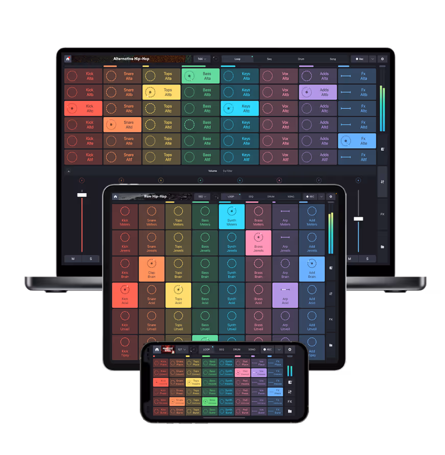 The Remixlive app is shown across three devices: a Mac, an iPad, and an iPhone, each displaying the grid interface with colorful sample pads for different instruments. This illustrates the app’s multi-platform capability for creating music on various devices.