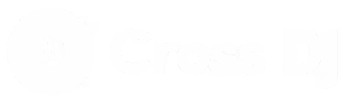 The logo of Cross DJ, featuring a white vinyl record symbol with a central play button design on the left and the stylized text 'Cross DJ' to the right, set against a transparent background.