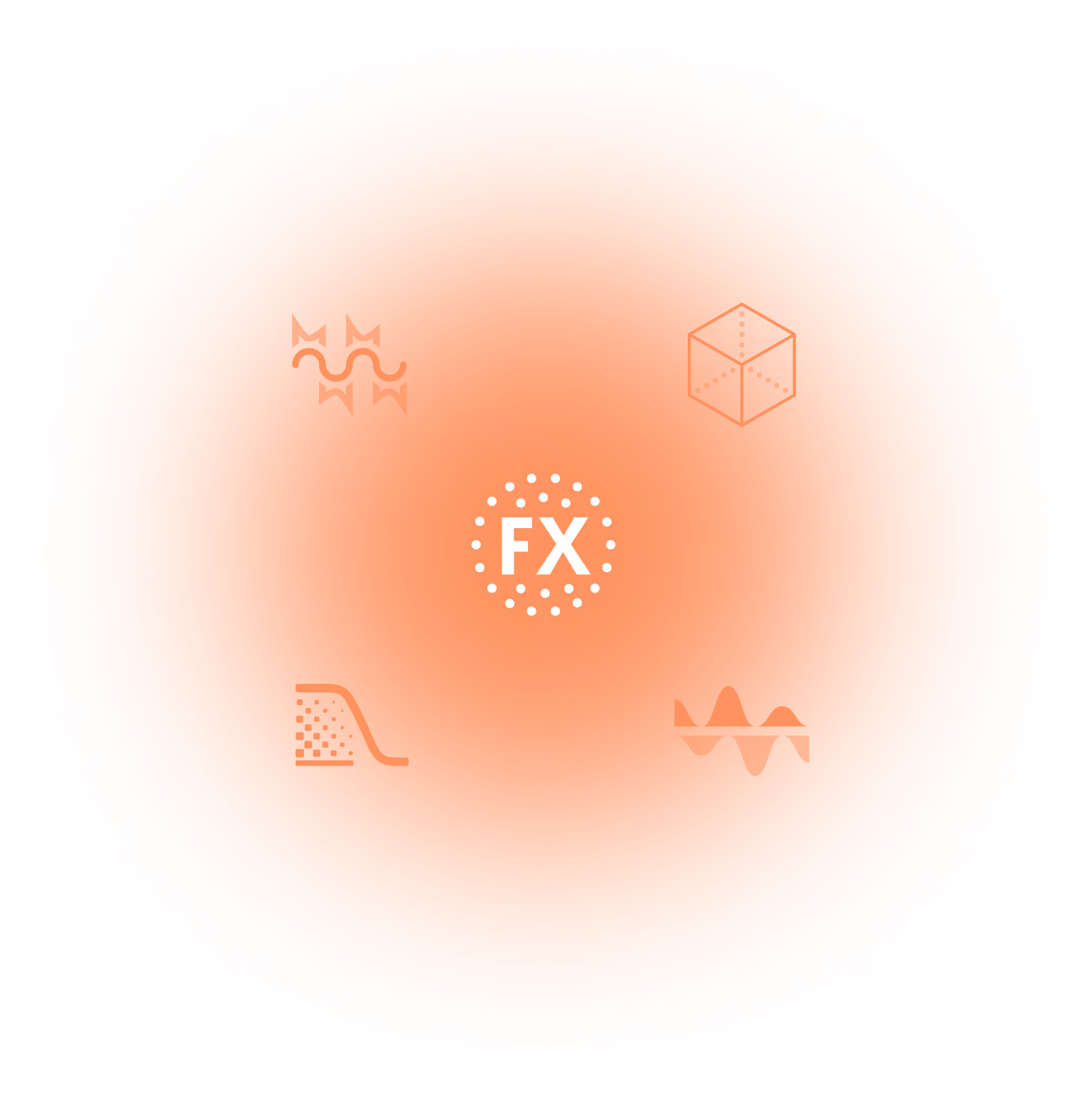 A creative representation of the FX icon from the Cross DJ app, featuring stylized symbols for different sound effects such as reverb, delay, and filter, all encompassed within a shimmering, circular purple gradient on a transparent background.