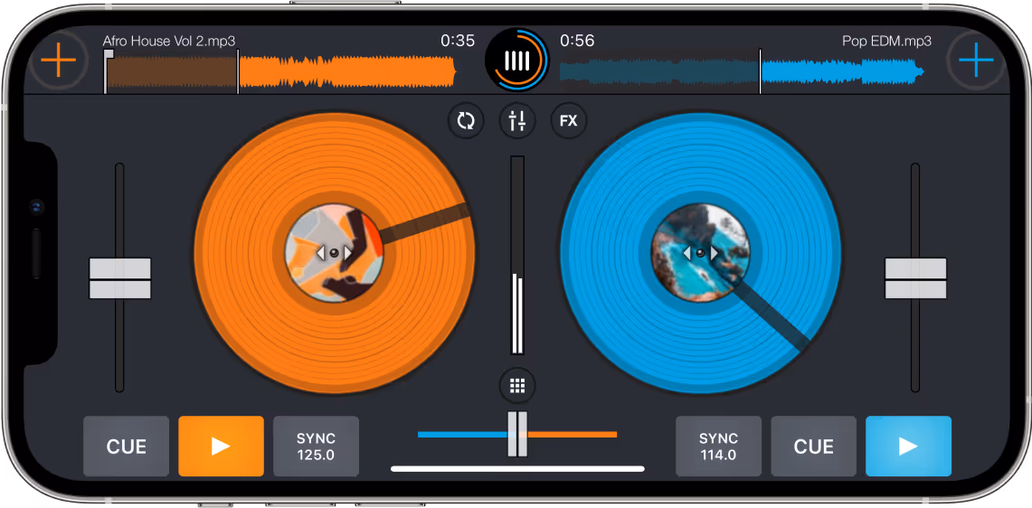 Screenshot of the Cross DJ app running on an iPhone, displaying two tracks, 'Afro House Vol 2.mp3' and 'Pop EDM.mp3,' with vinyl record graphics in orange and blue. The interface includes waveform views, volume sliders, cue buttons, sync controls, and effect options, providing a comprehensive DJ mixing environment.