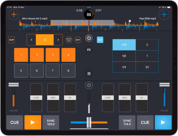 Screenshot of a DJ mixing app on a tablet showing two tracks, 'Afro House Vol 2.mp3' and 'Pop EDM.mp3,' with their waveform displays. The interface features orange and blue pads labeled with numbers and beat fractions, volume sliders, cue buttons, sync controls, and various effect buttons for DJ performance.