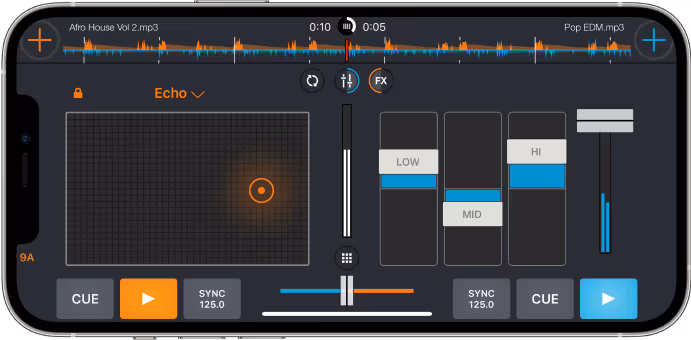 Screenshot of the Cross DJ app running on an iPhone, displaying two tracks, 'Afro House Vol 2.mp3' and 'Pop EDM.mp3,' with their waveform displays. The interface includes an echo effect pad, volume sliders, cue buttons, sync controls, and equalizer adjustments for low, mid, and high frequencies, providing detailed control over the DJ mix.