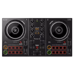 Top view of a Pioneer DJ DDJ-200 controller featuring two jog wheels, multiple knobs, buttons, and faders. The controller has red and green accents, with pads labeled for various controls and effects, designed for beginner DJs to practice and perform