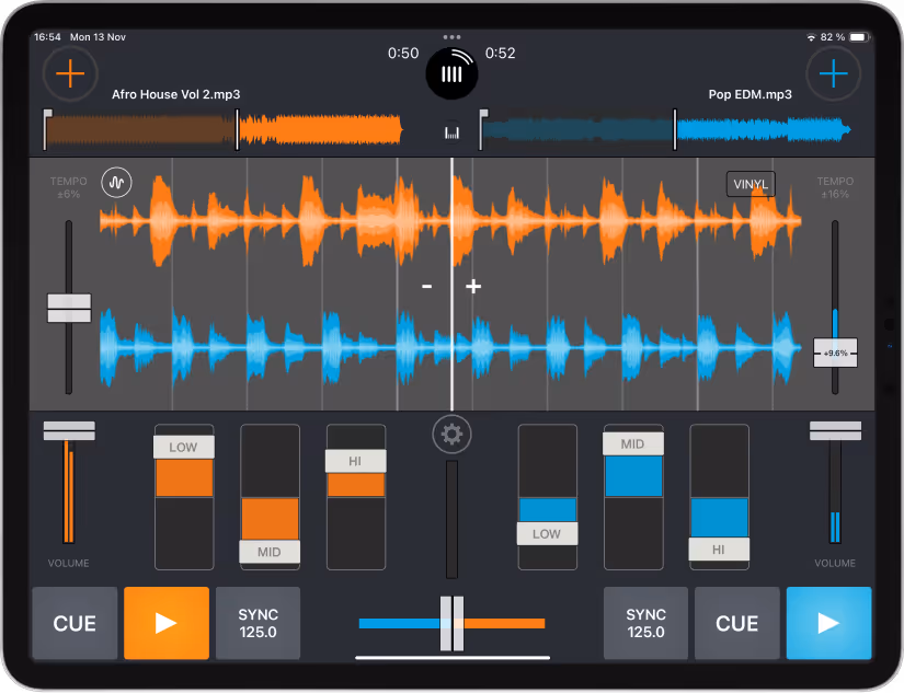 Screenshot of the Cross DJ app running on an iPad, displaying two tracks, 'Afro House Vol 2.mp3' and 'Pop EDM.mp3,' with their waveform views in orange and blue. The waveform view shows the audio tracks' amplitude over time, aiding in identifying beats, breaks, and transitions for mixing. The interface includes volume sliders, cue buttons, sync controls, tempo adjustments, and equalizer settings for low, mid, and high frequencies.
