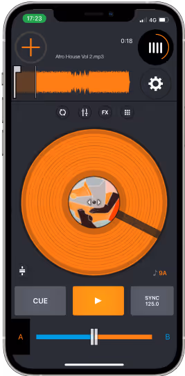 Screenshot of the Cross DJ app running on an iPhone, displaying a single track 'Afro House Vol 2.mp3.' The interface features an orange vinyl record graphic with a central waveform display, cue and play buttons, sync control, and various effect buttons. The waveform at the top visually represents the audio track's amplitude over time, aiding in beat matching and mixing.