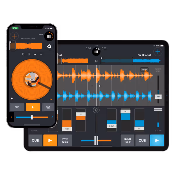 Screenshot showing the Cross DJ app available on both an iPhone and an iPad. The iPhone displays a single track 'Afro House Vol 2.mp3' with an orange vinyl graphic, while the iPad shows two tracks, 'Afro House Vol 2.mp3' and 'Pop EDM.mp3,' with waveform views in orange and blue. Both interfaces include volume sliders, cue buttons, sync controls, and various effect options, demonstrating the app's functionality across different devices.