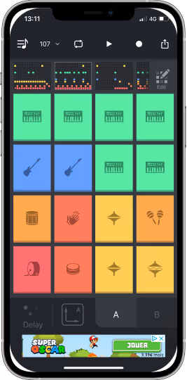 Screenshot of the BeatSnap app running on an iPhone, showing a grid of colorful pads labeled with icons representing different instruments and sounds, such as keyboards, guitars, drums, and percussion. The top section displays a pattern sequencer for arranging beats and melodies. The app allows users to create, edit, and sequence music by tapping on the pads, applying effects, and arranging patterns. It also includes playback controls and options for saving and sharing music creations.