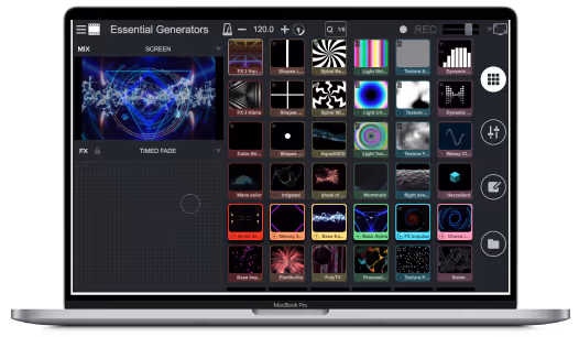 Screenshot of the Remixvideo app running on a MacBook Pro. The interface displays a variety of visual effects and generators, such as wave color, vortex, and tunnel, which can be applied to create dynamic video content. The app allows users to mix visual elements in real-time, adjust tempo, and apply timed fades and effects. Users can also record their creations and integrate audio-reactive visuals, making it a powerful tool for live performances and video production.