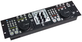 Top view of a professional DJ controller with two jog wheels, numerous knobs, buttons, and faders, including a central mixer section. The controller features various controls for mixing and applying effects, designed for advanced DJ performances