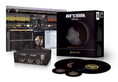 Cross Pack bundle showcasing Mixvibes' Cross 1.0 digital DJing app, which was released in 2007 and is available on both PC and Mac. The setup includes a laptop running the software with waveform views and track library, a DVS interface box, two vinyl records, and CDs, highlighting the innovative integration of digital music with traditional vinyl control for professional DJ performances