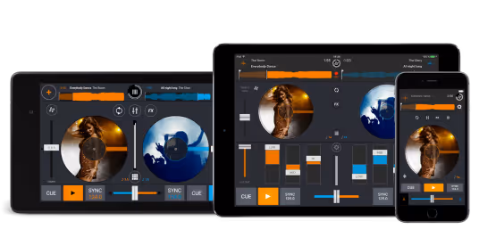 Cross DJ app displayed on three devices: a smartphone, a tablet in landscape mode, and a tablet in portrait mode. The app shows a DJ mixing interface with two tracks, one in orange and one in blue, featuring vinyl record graphics, waveform views, and various controls for mixing and effects. This image demonstrates the app's compatibility and functionality across multiple device sizes and orientations