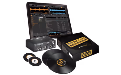 Cross DJ kit featuring a laptop running the Cross DJ software with waveform views and track library, a DVS (Digital Vinyl System) interface box, two vinyl records, and CDs. This professional DJ setup allows for seamless integration of digital music with traditional vinyl control, designed for advanced mixing and performance.