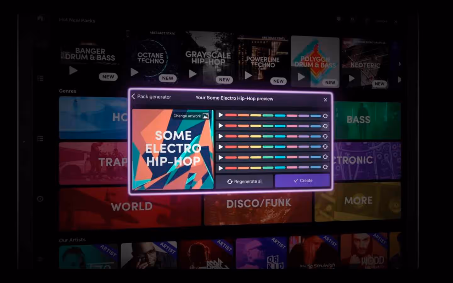 A screenshot of the Remixlive pack generation screen, showing the creation of a new music pack titled "Some Electro Hip-Hop." The interface displays colorful sound bars, customization options for artwork, and controls to regenerate and create the pack. Various music genres are visible in the background.