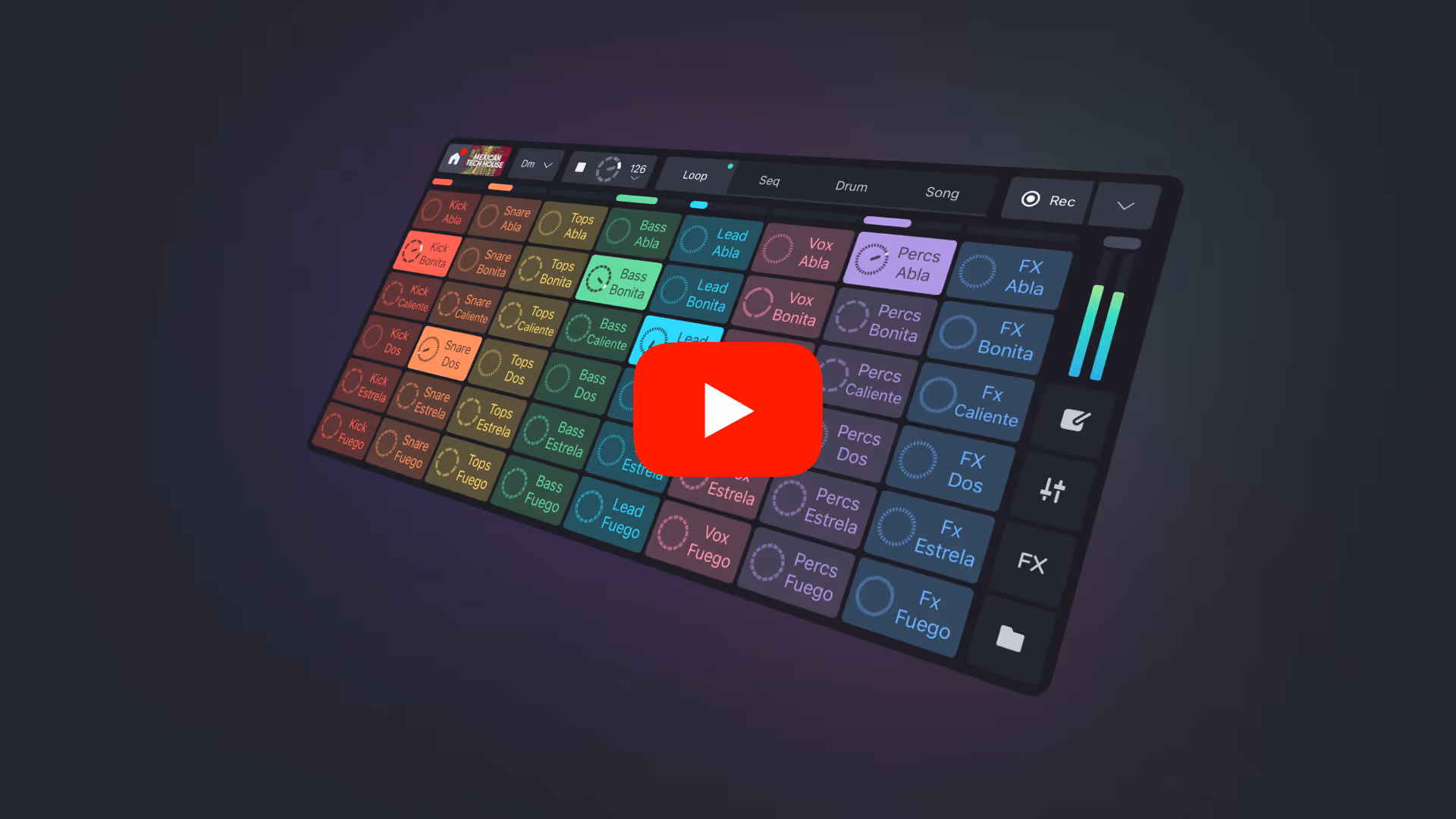 A YouTube thumbnail for a "Remixlive Get Started" video, featuring an angled view of a colorful Remixlive interface with various labeled pads and controls, with a prominent red play button in the center. The background is dark, highlighting the vibrant colors of the interface.