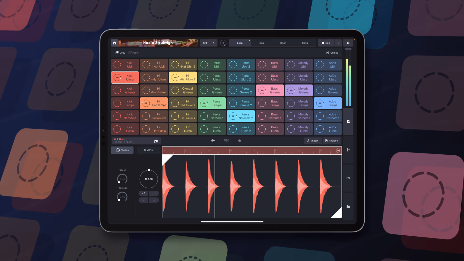 A YouTube thumbnail for a "Remixlive Quick Tips" video, featuring a tablet displaying the Remixlive interface with colorful pads and a detailed waveform editor. The background is adorned with translucent, overlapping pads, creating a cohesive and visually appealing design that emphasizes the focus on music production tips.