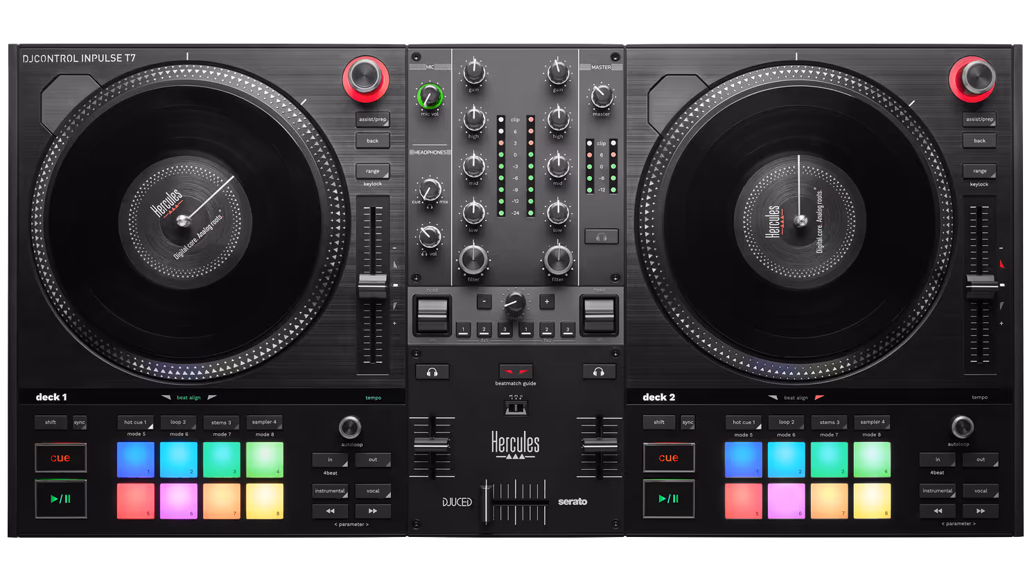 The image shows the Hercules DJControl Inpulse T7, a DJ controller with two large jog wheels designed to mimic the feel of vinyl turntables. The central mixer section includes various control knobs for adjusting gain, EQ (high, mid, low), filter, and volume levels. The controller also features colorful performance pads below each jog wheel for triggering hot cues, loops, and samples. The interface includes buttons for syncing, cueing, and playing tracks, highlighting its functionality for professional DJ use with DJ software like Serato and DJUCED.