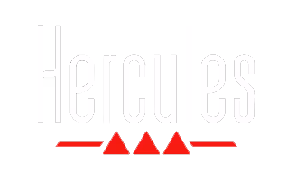 The image displays the Hercules logo, with "Hercules" written in bold white letters in a stylized font, accompanied by three red triangular shapes underneath. The background contrasts with the white and red design, emphasizing the brand's identity, which is associated with DJ and music production equipment.
