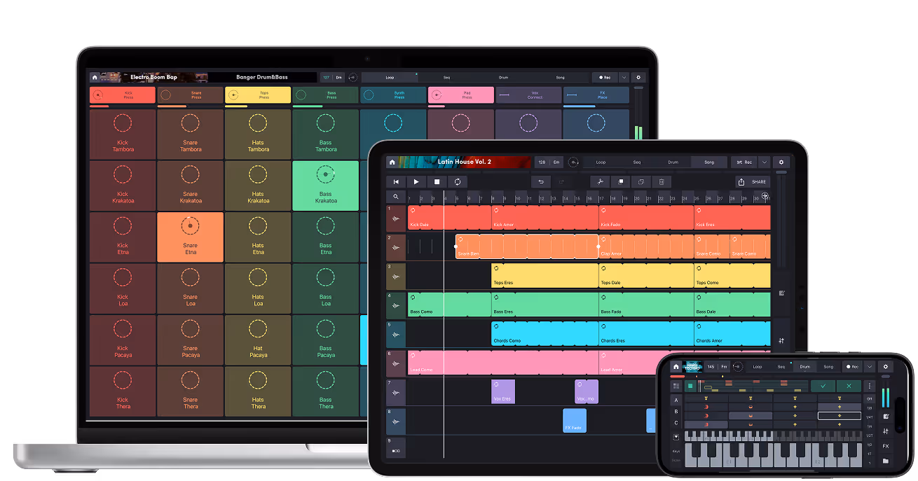 The loop view on the Remixlive app, as displayed on a smartphone, organizes samples into colored pads named with instruments like Kick, Snare, Bass, and Synth. This setup is designed for triggering loops and creating layered sound sequences in key E minor at 125 BPM, showcasing the app’s functionality for intuitive music production.