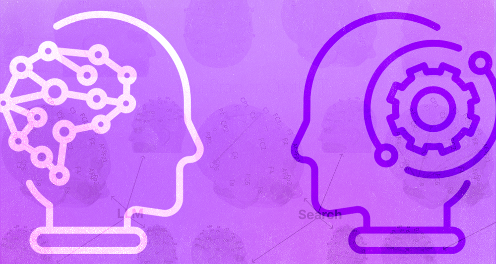 An image showing two heads in opposition - one powered by a brain, and one powered by a computer.