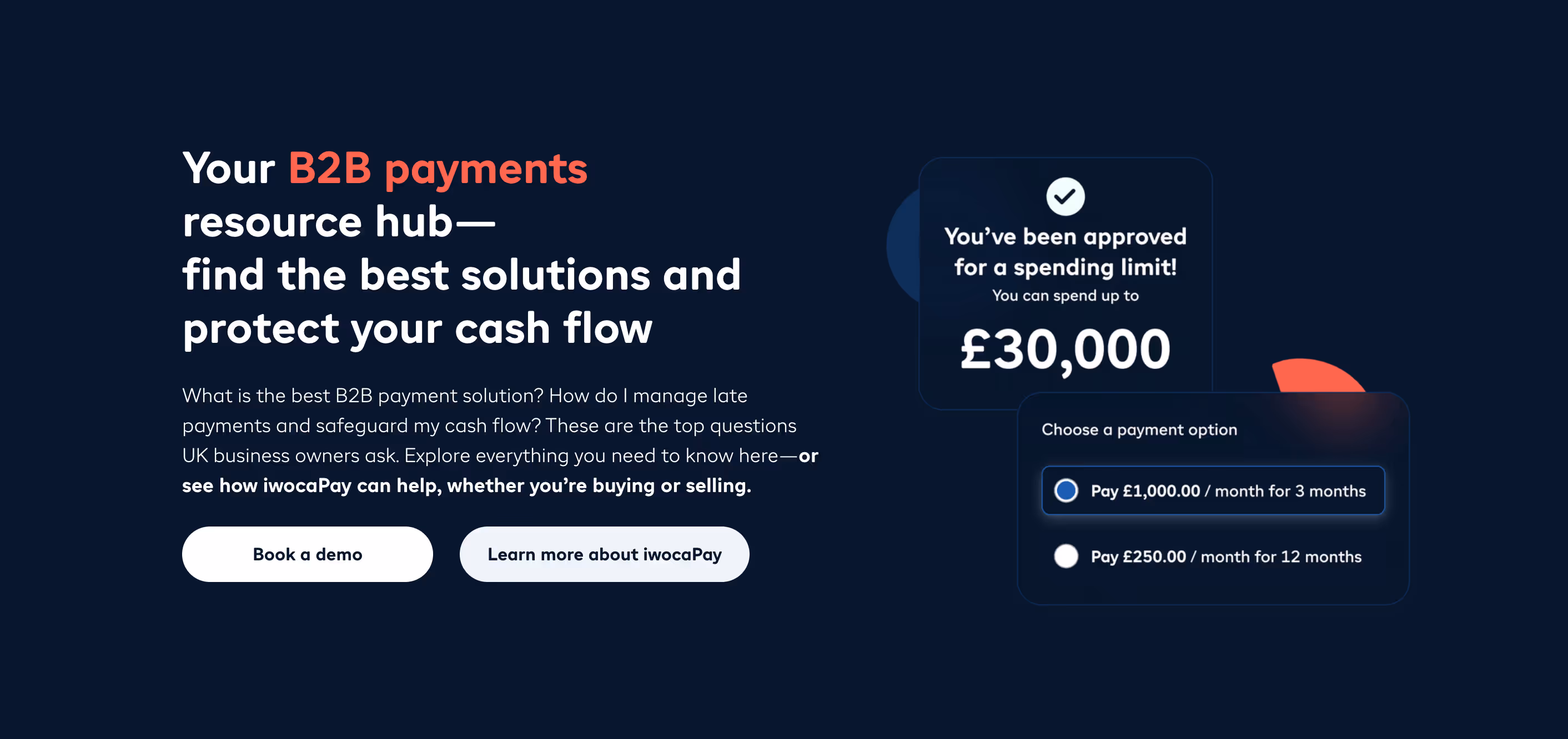 Banner showing B2B payment options, including spending limits up to £30,000 with InvooPay choices.