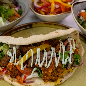 Spiced flatbread wrap with fresh salad at Blackbrook Barns, Lichfield, Staffordshire