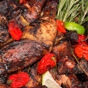 Chargrilled jerk chicken sharing feast at Blackbrook Barns, Lichfield, Staffordshire