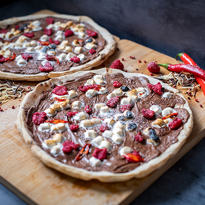 Chocolate dessert pizza with raspberries at Blackbrook Barns, Lichfield, Staffordshire