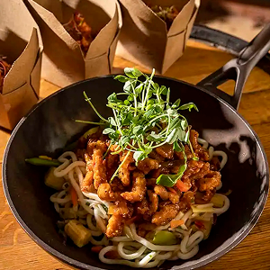 Asian-style crispy chicken noodle bowl at Blackbrook Barns, Lichfield, Staffordshire