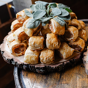 Stacked sausage roll canapes at Blackbrook Barns, Lichfield, Staffordshire