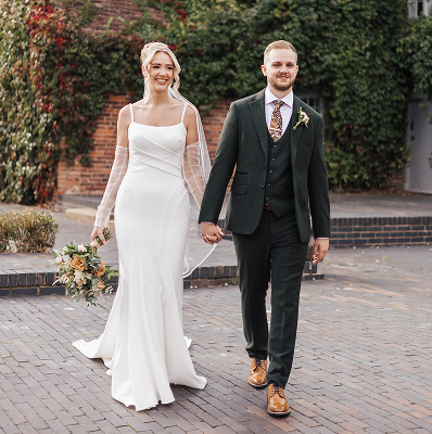 Newlyweds walking hand in hand at Blackbrook Barns, Lichfield, Staffordshire