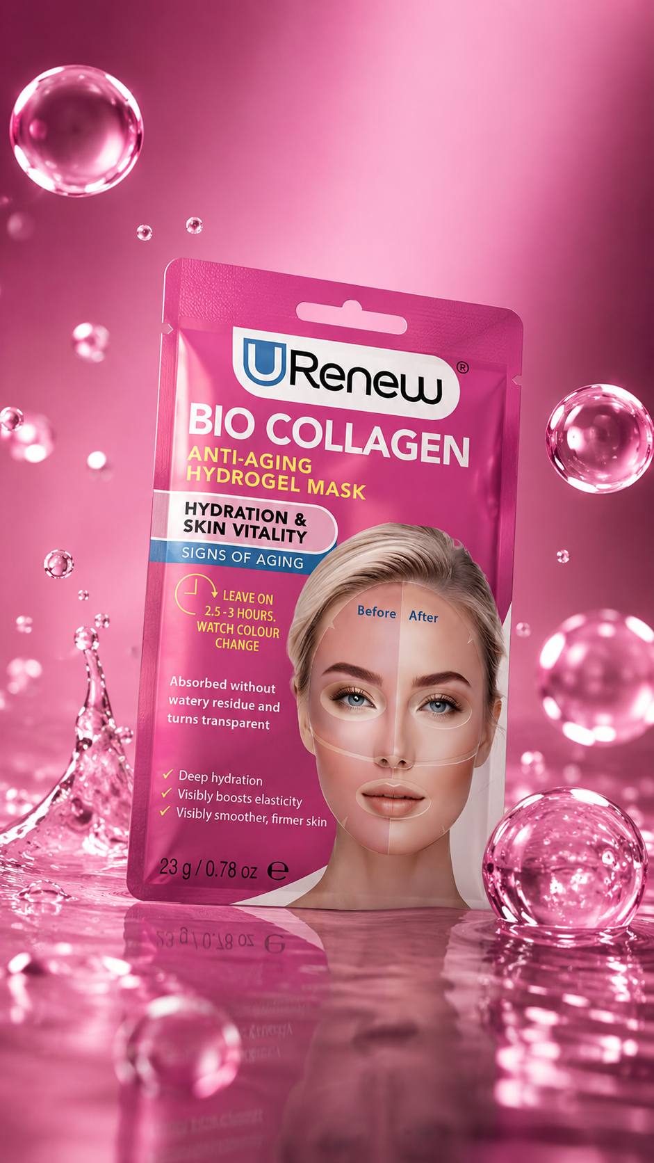 Transform your skincare ritual with the URenew Bio Collagen Anti-Aging Hydrogel Mask, designed to deliver intense hydration while helping skin look smoother, firmer and more refreshed. Infused with Bio Collagen, Hyaluronic Acid, Niacinamide and Saccharomyces Ferment Filtrate**, the cooling hydrogel format helps support moisture retention, improve the look of elasticity and soften the appearance of fine lines. As you wear it, the mask gradually changes from pink to transparent, creating a satisfying, mess-free masking experience with no watery residue.