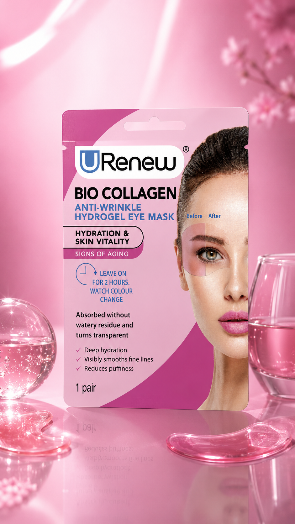 Revive and refresh the delicate eye area with the **URenew Bio Collagen Anti-Wrinkle Hydrogel Eye Mask**. This cooling hydrogel treatment is designed to deliver targeted hydration while helping to smooth the appearance of fine lines, reduce the look of puffiness and support a firmer, more refreshed-looking eye area. As you relax, the mask gradually transforms from pink to transparent, creating a comfortable, mess-free skincare ritual. After use, the under-eye area feels hydrated, smoother and revitalised, with a brighter, well-rested appearance.
