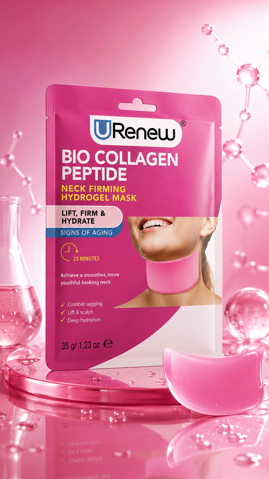 The URenew Bio Collagen Peptide Neck Firming Hydrogel Mask is a cooling, targeted treatment created for one of the most delicate and often overlooked areas of your skincare routine: the neck. Infused with Bio Collagen and peptides, the hydrogel format helps deeply hydrate, smooth and improve the appearance of firmness and elasticity. With regular use, it helps soften the look of dehydration lines and fine lines while supporting a more lifted, sculpted and refreshed-looking neck. The result is skin that feels smoother, more supple and visibly revitalised.