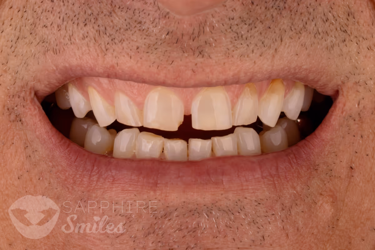 Before and after of patients teeth after a Smiles Family Dentistry Smile Makeover